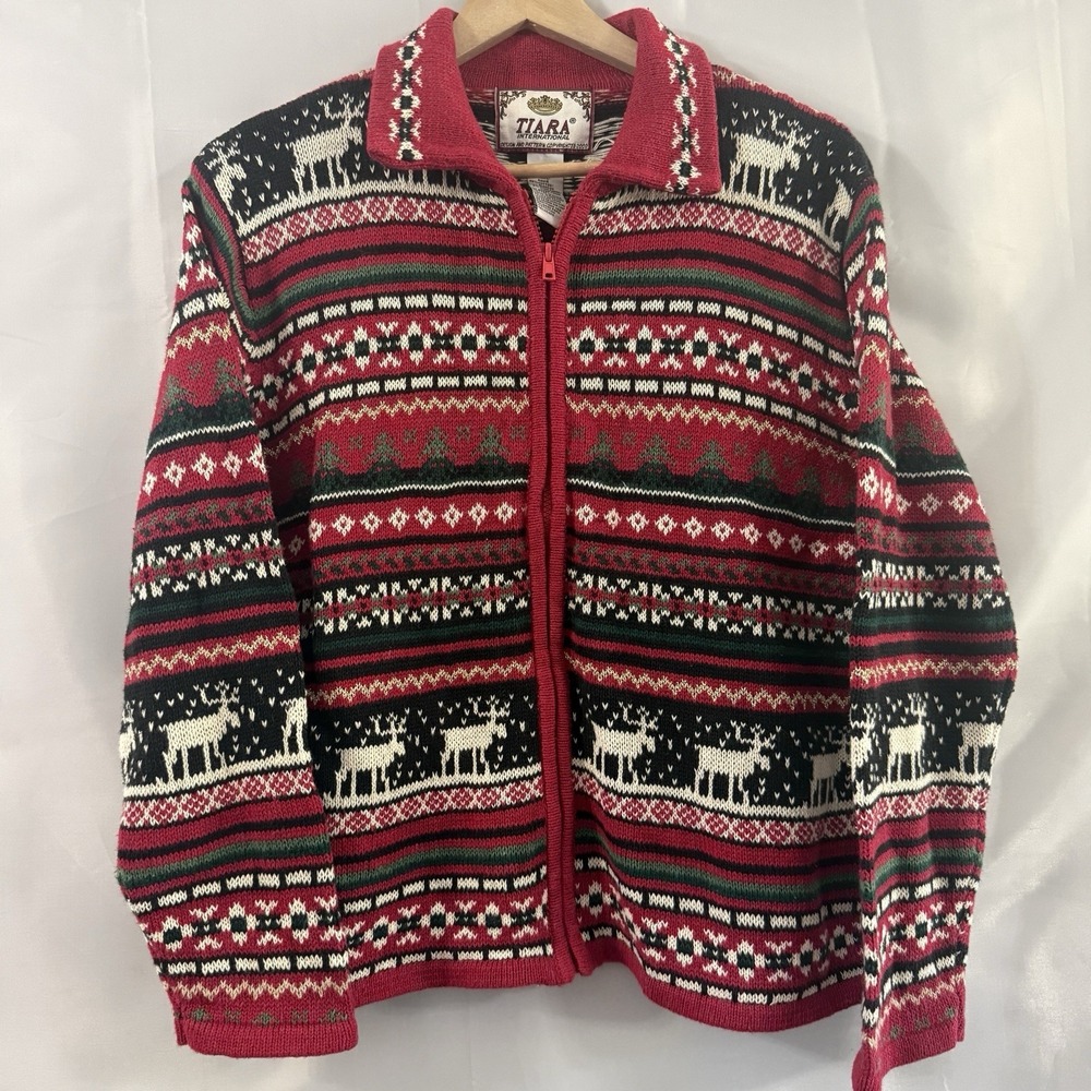 Vtg Tiara Fair Isle Red Full Zip Cardigan Ugly Christmas‎ Polo Sweater Deer M